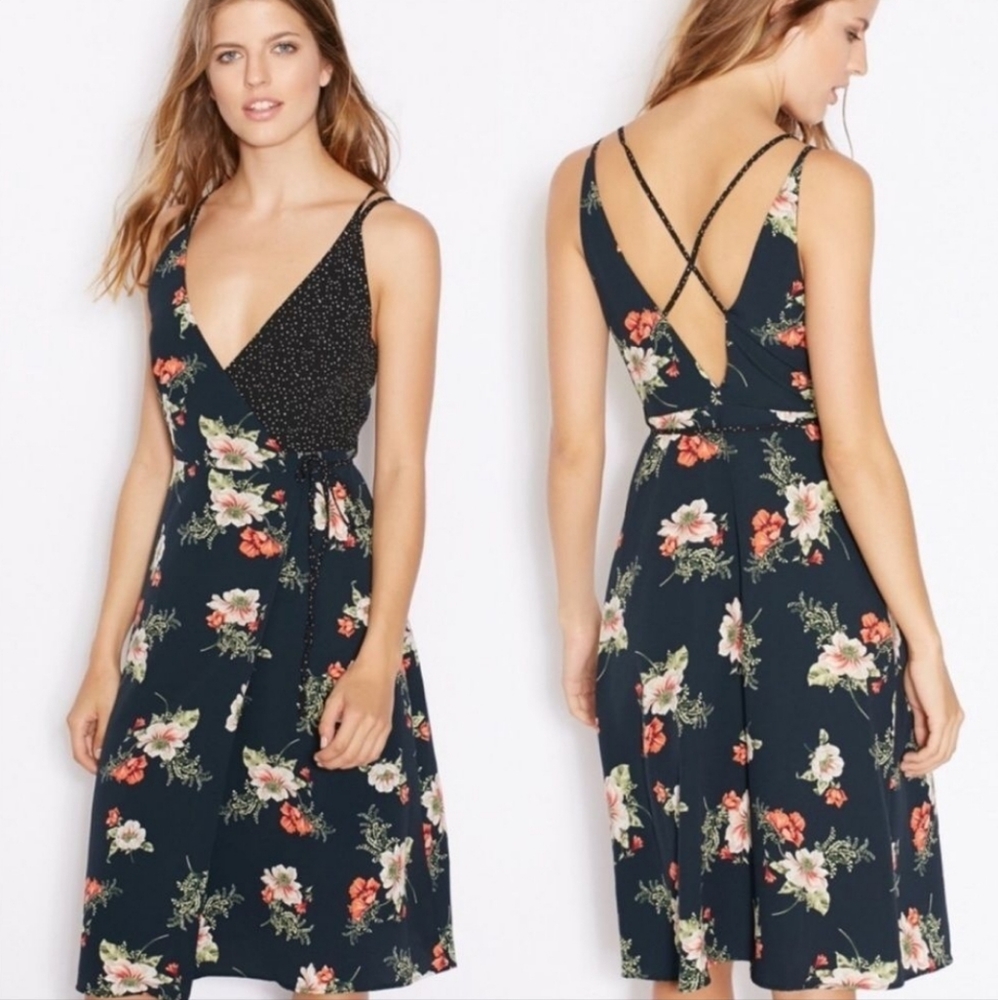 NWT Topshop Multiprint Floral & Polka Dot Midi Wrap Dress Cross Straps Women’s 4